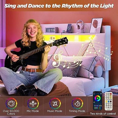 Upholstered Bed Frame, XL Footboard Drawer + Storage Headboard, LED Lights & Charging Station