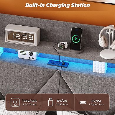 Upholstered Bed Frame, XL Footboard Drawer + Storage Headboard, LED Lights & Charging Station