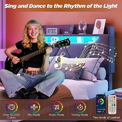 Upholstered Bed Frame, XL Footboard Drawer + Storage Headboard, LED Lights & Charging Station