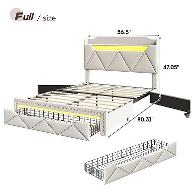 Upholstered Bed Frame, XL Footboard Drawer + Storage Headboard, LED Lights & Charging Station