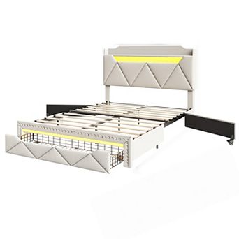 Upholstered Bed Frame, XL Footboard Drawer + Storage Headboard, LED Lights & Charging Station