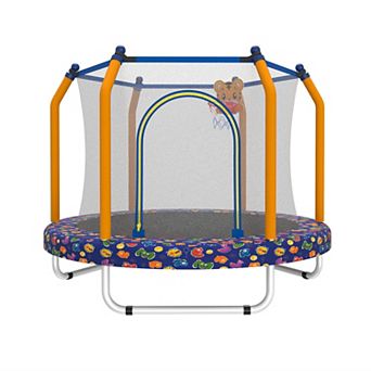 55 Inch Indoor/Outdoor Trampoline, with Basketball Hoop & Safety Enclosure Net, for Ages 1-8