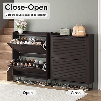 Shoe Storage Cabinet with 2 Flip Louvered Doors, Narrow Storage Rack Organizer for Entryway