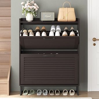 Shoe Storage Cabinet with 2 Flip Louvered Doors, Narrow Storage Rack Organizer for Entryway