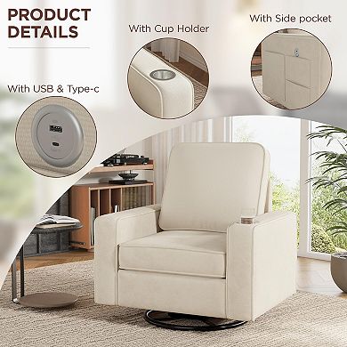 Square Accent Chair with Wide Armrests,360° Rotating Comfy Single Sofa Chairs with USB/Type-C