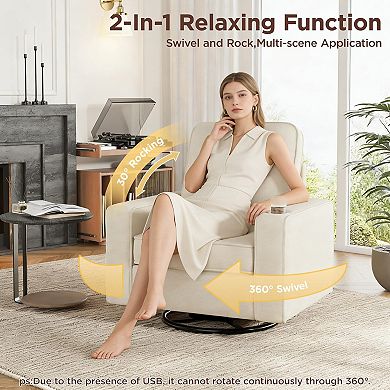 Square Accent Chair with Wide Armrests,360° Rotating Comfy Single Sofa Chairs with USB/Type-C