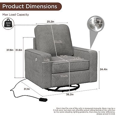Square Accent Chair with Wide Armrests,360° Rotating Comfy Single Sofa Chairs with USB/Type-C