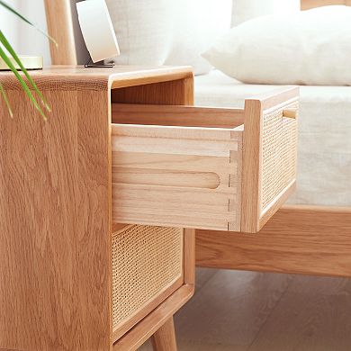 Rattan Modern Nightstand, with 2 Drawers, 100% Solid Oak Wood, mall End Table - Easy Assembly