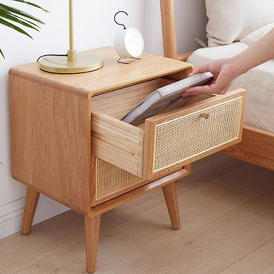 Rattan Modern Nightstand, with 2 Drawers, 100% Solid Oak Wood, mall End Table - Easy Assembly