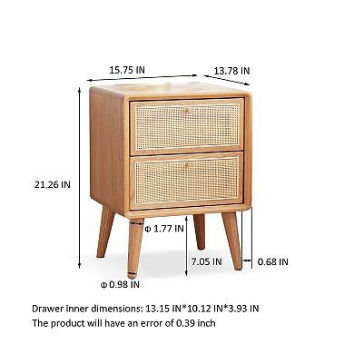 Rattan Modern Nightstand, with 2 Drawers, 100% Solid Oak Wood, mall End Table - Easy Assembly