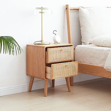Rattan Modern Nightstand, with 2 Drawers, 100% Solid Oak Wood, mall End Table - Easy Assembly