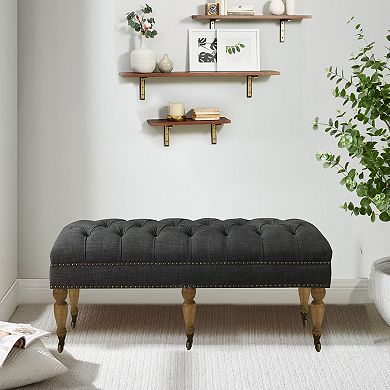 Small Tufted Linen Bench with Solid Wood Legs