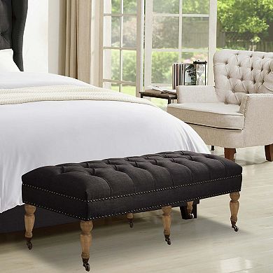 Small Tufted Linen Bench with Solid Wood Legs