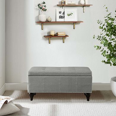 Small Linen Bench with Nailhead Trim and Solid Wood Legs