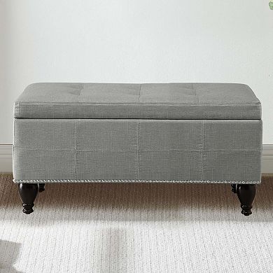 Small Linen Bench with Nailhead Trim and Solid Wood Legs