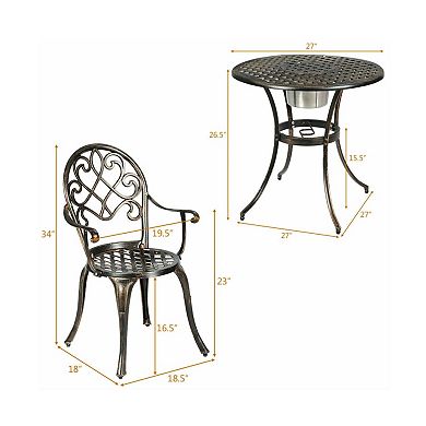 3PCS Outdoor Cast Aluminum Bistro Set with Removable Ice Bucket and Adjustable Feet