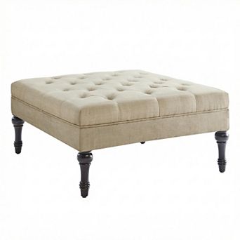 Beige Button-Tufted Ottoman with Dark Wooden Legs, Linen Upholstery, Classic Accent Footrest