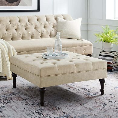 Beige Button-Tufted Ottoman with Dark Wooden Legs, Linen Upholstery, Classic Accent Footrest