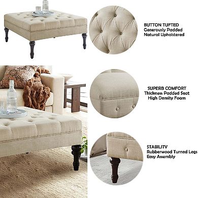 Beige Button-Tufted Ottoman with Dark Wooden Legs, Linen Upholstery, Classic Accent Footrest