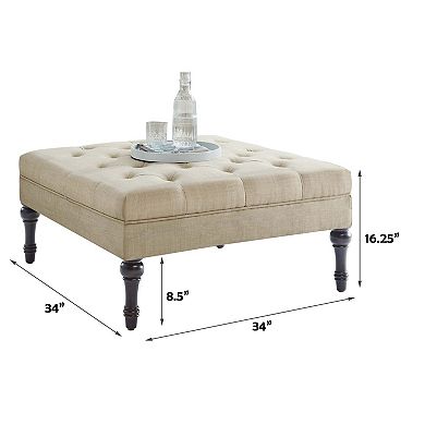 Beige Button-Tufted Ottoman with Dark Wooden Legs, Linen Upholstery, Classic Accent Footrest