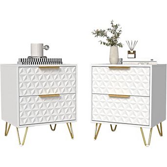White and Gold Nightstand Set of 2, with 2 Drawers Storage, Wood Nightstand End Side Tables