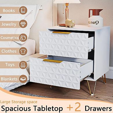 White and Gold Nightstand Set of 2, with 2 Drawers Storage, Wood Nightstand End Side Tables