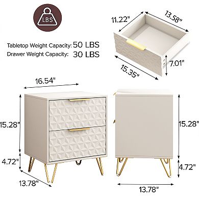 White and Gold Nightstand Set of 2, with 2 Drawers Storage, Wood Nightstand End Side Tables