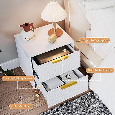 White and Gold Nightstand Set of 2, with 2 Drawers Storage, Wood Nightstand End Side Tables