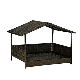 Elevated Rattan Dog House with Canopy for Small to Medium Dogs