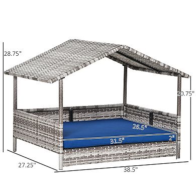 Elevated Rattan Dog House with Canopy for Small to Medium Dogs