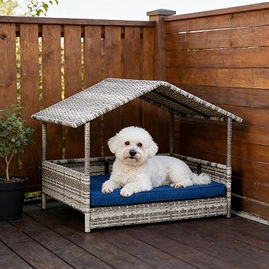 Elevated Rattan Dog House with Canopy for Small to Medium Dogs