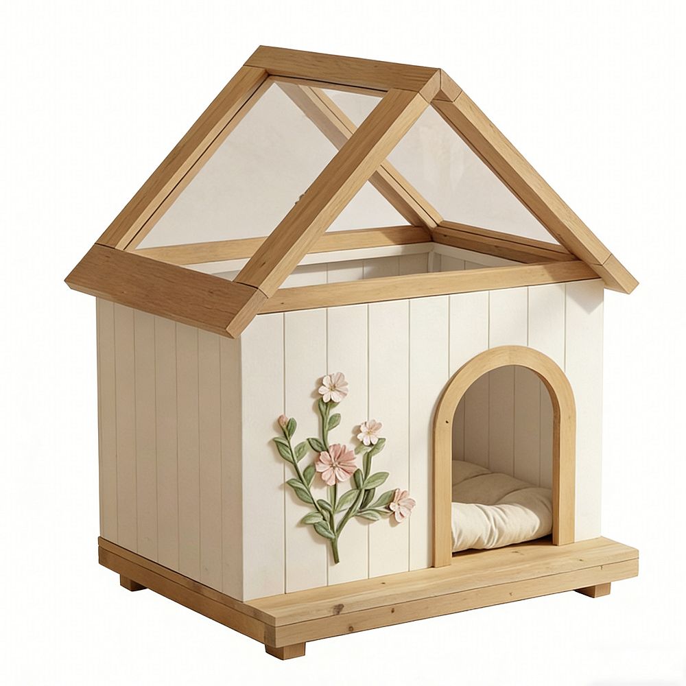 Transparent Roof Pet House FSC Cedar Floral Carving for Cats and Small Dogs