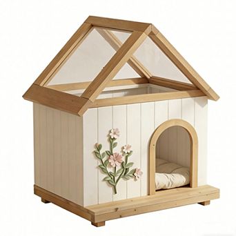 Transparent Roof Pet House FSC Cedar Floral Carving for Cats and Small Dogs