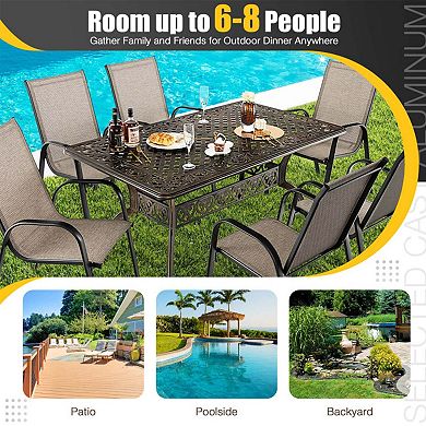 59" Cast Aluminum Patio Dining Table with Umbrella Hole for 6