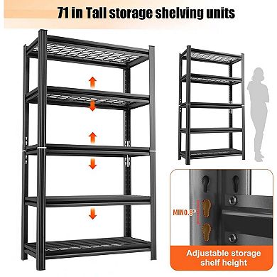 5-Tier Black Heavy Duty Metal Storage Rack 2000LBS Adjustable Height Shelving