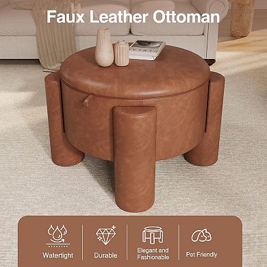 Round Ottoman Coffee Table with Storage,24" Faux Leather Storage Ottomans with Removable Top
