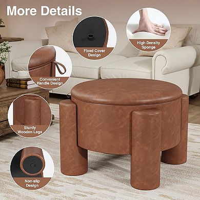 Round Ottoman Coffee Table with Storage,24" Faux Leather Storage Ottomans with Removable Top