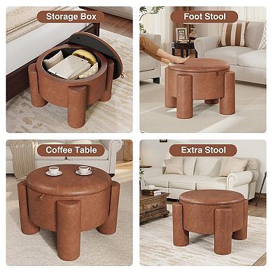 Round Ottoman Coffee Table with Storage,24" Faux Leather Storage Ottomans with Removable Top
