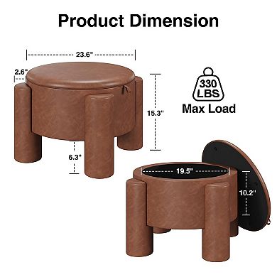 Round Ottoman Coffee Table with Storage,24" Faux Leather Storage Ottomans with Removable Top