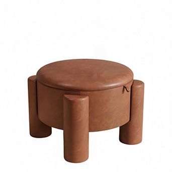 Round Ottoman Coffee Table with Storage,24" Faux Leather Storage Ottomans with Removable Top