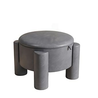 Round Ottoman Coffee Table with Storage,24" Faux Leather Storage Ottomans with Removable Top