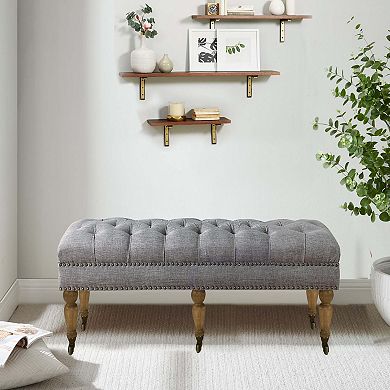 Small Tufted Linen Bench with Solid Wood Legs
