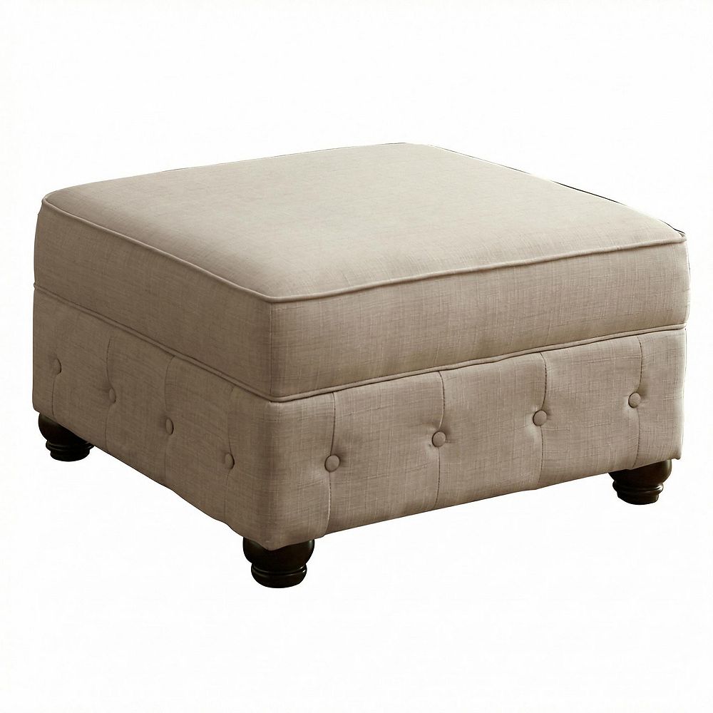 Beige Square Ottoman with Button Tufting and Wooden Legs, Linen Upholstery