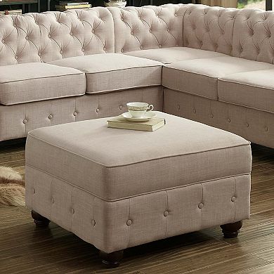 Beige Square Ottoman with Button Tufting and Wooden Legs, Linen Upholstery