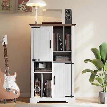 Record Player Stand with Vinyl Storage Cabinet,47" Wood Turntable Table Open and Closed Shelf Holder