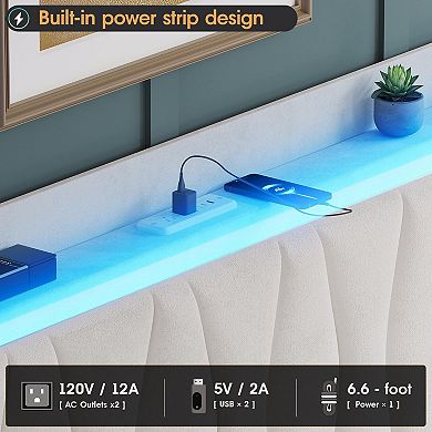 Upholstered Platform Bed Frame with Headboard + 3 Storage Drawers, LED Lights & Charging Station