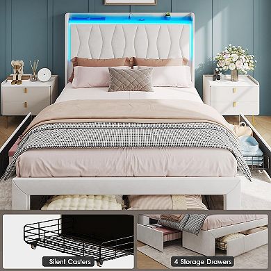 Upholstered Platform Bed Frame with Headboard + 3 Storage Drawers, LED Lights & Charging Station