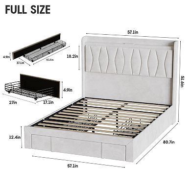 Upholstered Platform Bed Frame with Headboard + 3 Storage Drawers, LED Lights & Charging Station