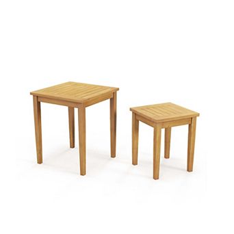 2 pc Teak Wood Nesting Tables - Space-Saving Outdoor Patio Side Table Set