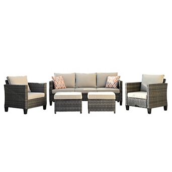 Ovios 5 pc Outdoor Patio Furniture Set: 3-Seater Sofa + 2 Armchairs + 2 Ottomans, Gray PE Rattan